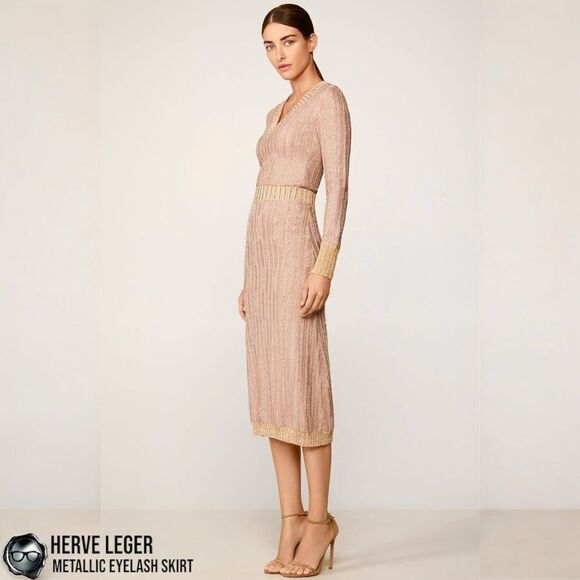 HERVÉ LÉGER METALLIC LUREX EYELASH MIDI PENCIL SKIRT IN ROSE BLUSH & GOLD SMALL - Picture 1 of 16